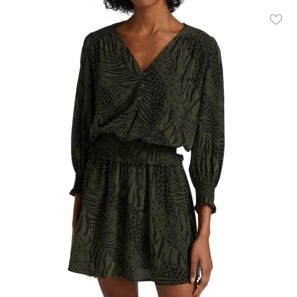 Rails Zana Animal-Print Smocked-Waist‎ Long Sleeve Lightweight Mini Dress Size S